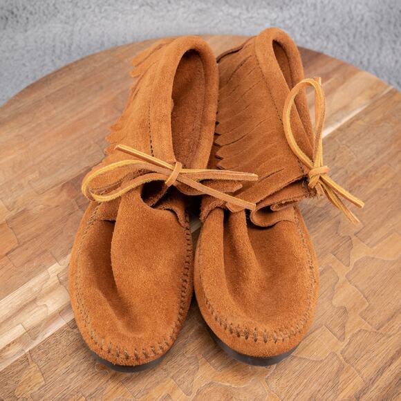 Minnetonka Boots Womens 5.5 Fringe Moccasins Ankle Booties 682 Brown Suede Flats - Picture 2 of 7